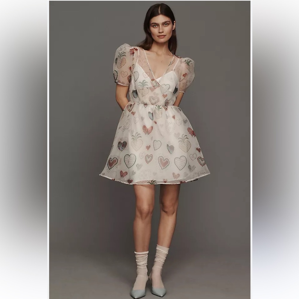 Farm Rio semi sheer puff sleeve mini dress ethereal fairy Easter party vibrant L